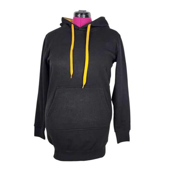 Magic Fashion Long Hoodie Black with Yellow Drawstrings Tunic Pocket Size M/L - Picture 1 of 14
